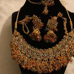 Gold 3 Piece Dazzling Necklace Set With Multi-colored Rhinestones And Crystals …necklace,earrings,and Bracelet (very Solid)