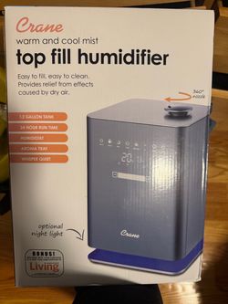 Brand-new, never-used Crane warm and cool mist top-fill humidifier. Only taken out of the box to look at it. Includes the original box.