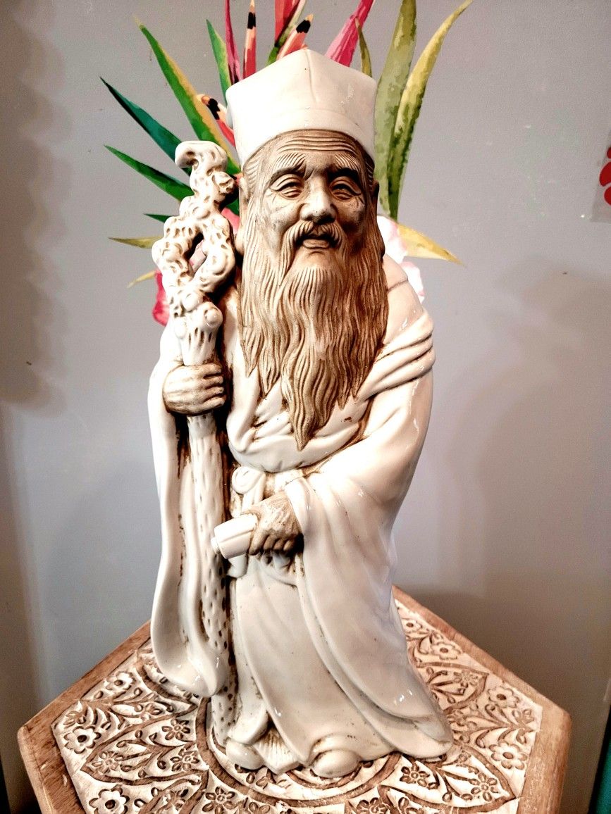 Japanese Blue Porcelain Jurojin God of Longevity Statue 18"