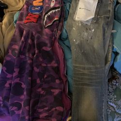 purple bape hoodie, purple jeans