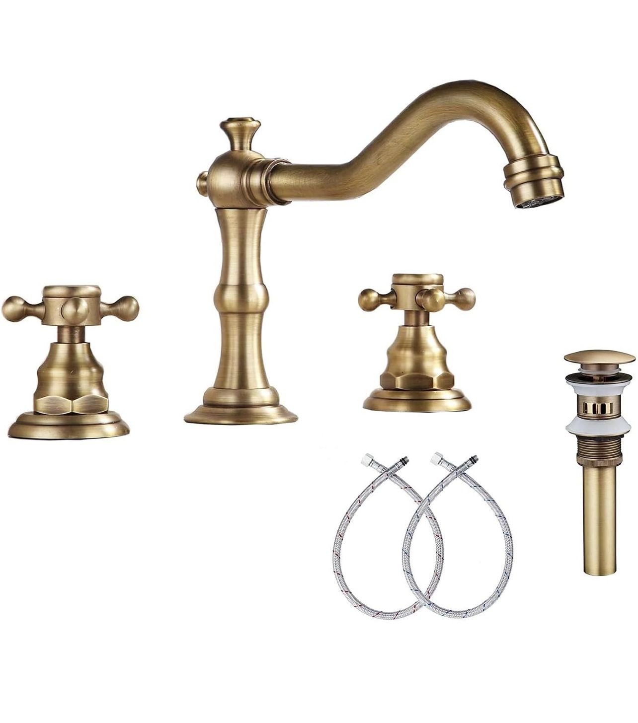 GGStudy 8 inch 2 Handles 3 Holes Widespread Bathroom Sink Faucet Antique Brass