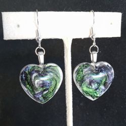 Blue and green color shift swirl heart shaped dangle earrings with silver hooks 