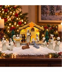 15-Piece Nativity Set Indoor, Lighted Christmas Nativity Scene with LED Stable & Glowing Star, Hand-Painted Resin Manger Figures, Christian Christmas