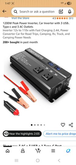 1200W Peak Power Inverter, Car Inverter with 3 USB. Type-c and 3 AC Outlets
Inverter 12v to 110v with Fast Charging 2.4A, Power Converter Car for Road