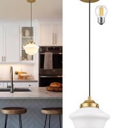 Gold Schoolhouse Light Fixture 8" Milk Glass Light Fixture