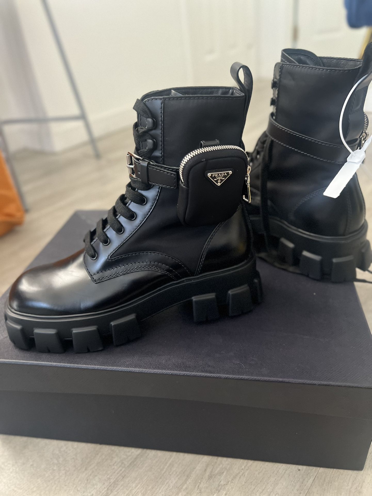 PRADA. Monolith Leather and Re-Nylon Boots with Pouch. Black. 10
