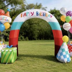 Inflatable Birthday Arch with Gift Box, Cake, and Party Hat - Outdoor Decoration with Built-in LED Lights for Birthday Parties, Yards, Gardens, and La