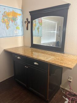 Black Home Dry Bar with Granite Top and Framed Mirror