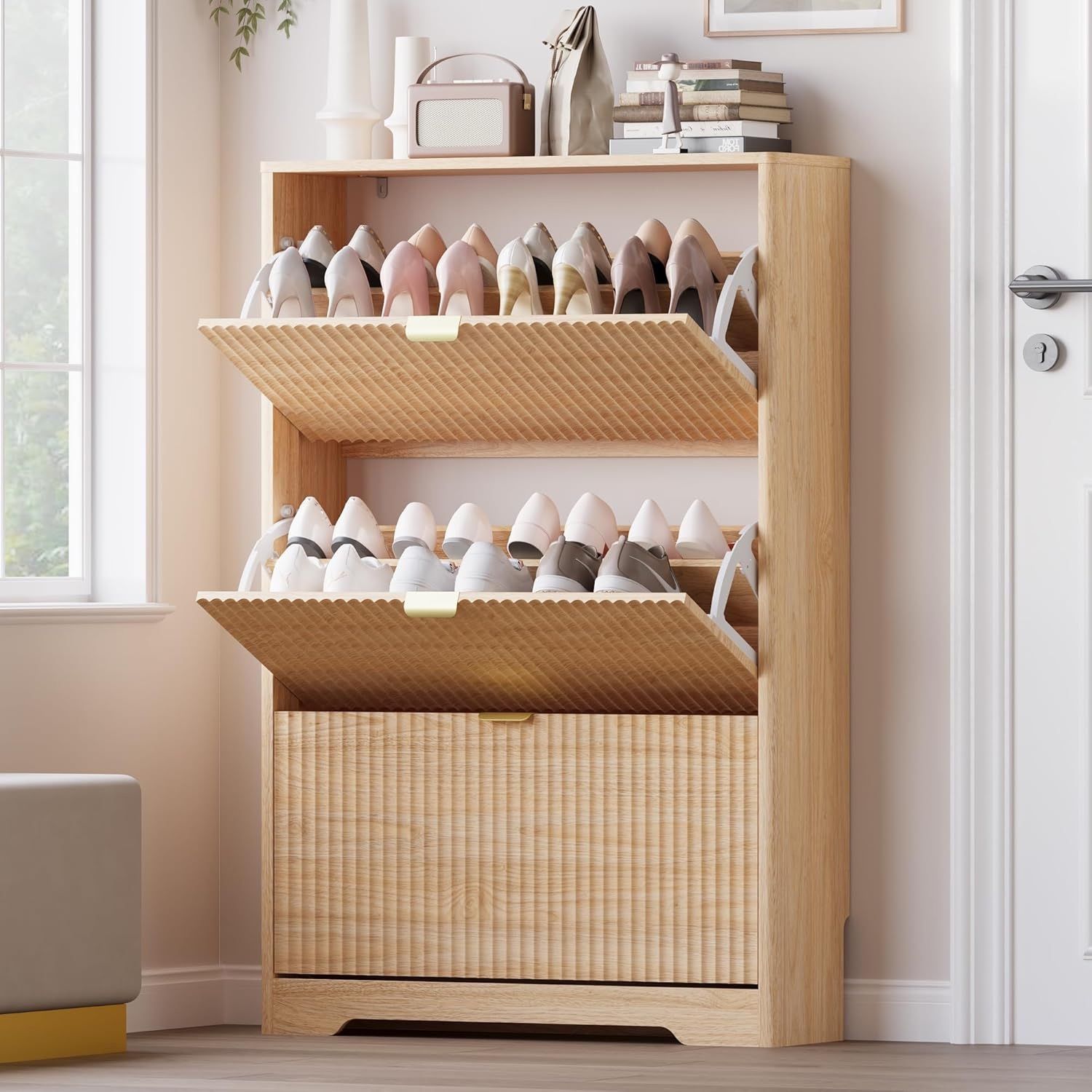 Entryway Shoe Cabinet with 3 Flip Drawers, Narrow Shoe Organizer Cabinet with Fluted Panel and Adjustable Shelves for Foyer, Hallway