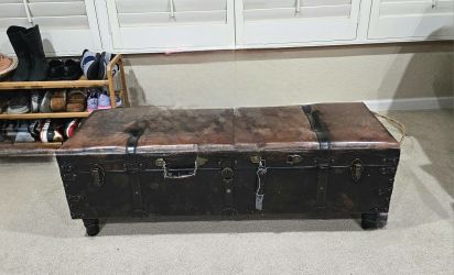Antique Leather Ottoman Storage Chest Trunk