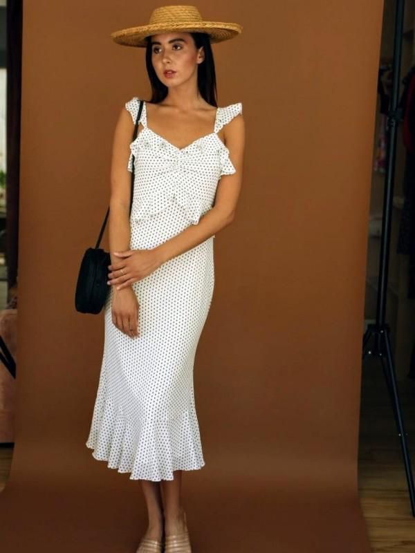 Lucy Paris Black and White Polka Dot Ruffle Lined Sleeveless Midi Dress - Size M