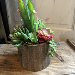 Faux Succulent Wood Container Decor.