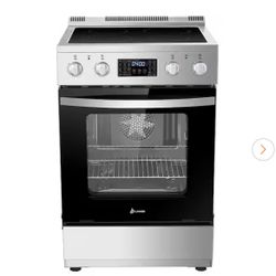 24 in. 4 Burner Elements Freestanding Electric Range in Stainless Steel with Air Fry, Rotisserie and True Convection