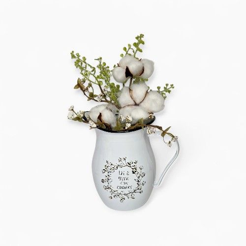 Life Is Better In The Country Farmhouse Decor Enamel Metal White Pitcher Vase