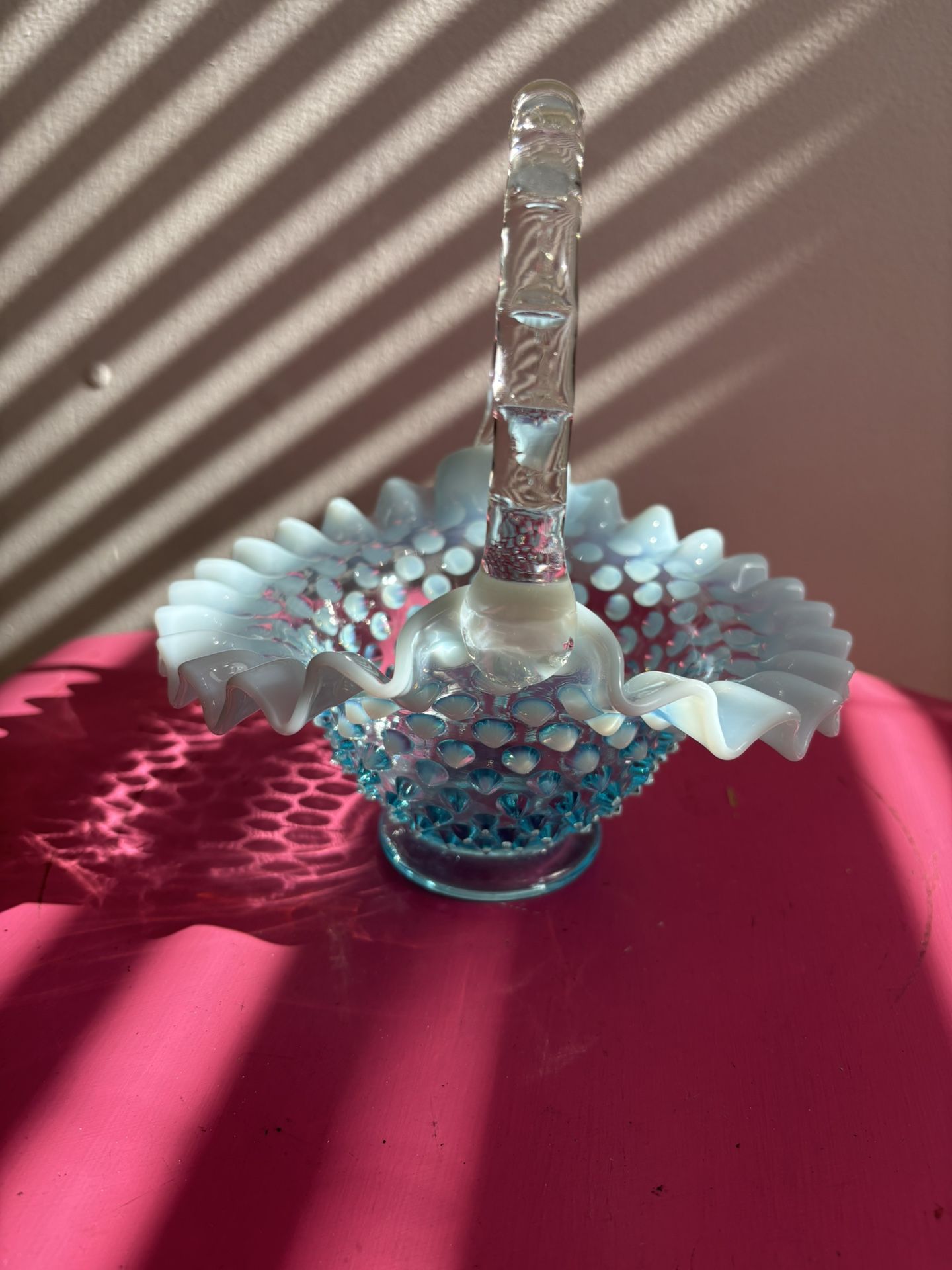 Vintage Fenton Light Blue Opalescent Hobnail Basket Bamboo Handle 