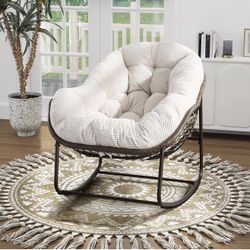 1844e  Oversized Indoor Rocking Chair, Comfy Corduroy Rocking Papasan Chair with Thick Cushion and Frame, Large Wicker Rocker Egg Chair Reading Chair 
