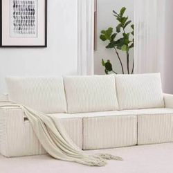 Modern Corduroy 3-Seater Sofa – Deep Seat Couch w/ Throw Pillows | White