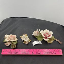 3pcs 1-Napoleon CAPODIMONTE Pink Bisque Porcelain Rose Flower Vintage Italy(v46)