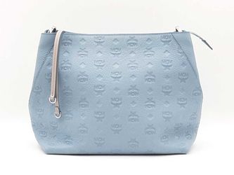 Mcm Klara Hobo Bag In Sky Blue Monogram Debossed Leather Fw0725przmia