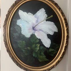 Framed Hand-Painted Acrylic Floral – Oval Gold Frame, 22×19