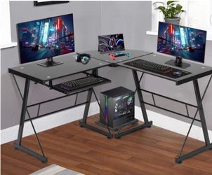 Brand New L-Shaped Gaming Desk (Black Glass)