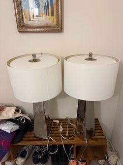 Pair of Table Lamps with White Drum Shades
