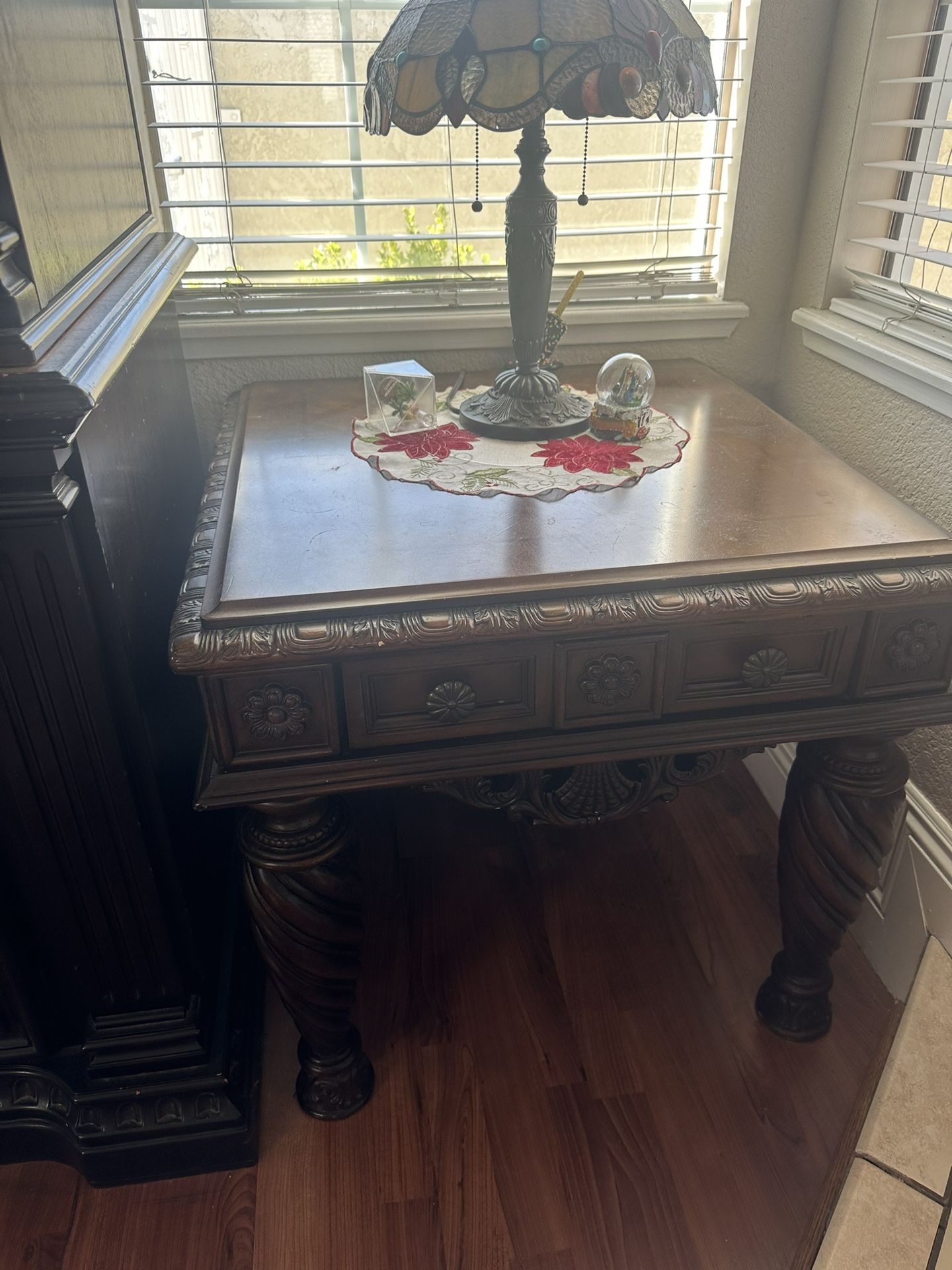 2 charming ornate dark wood end tables