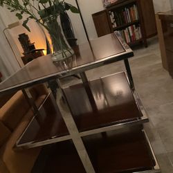  Williams-Sonoma Tribeca/Bauhaus Style  tiered Walnut wood & metal Polished Chrome Frame side/coffee table 