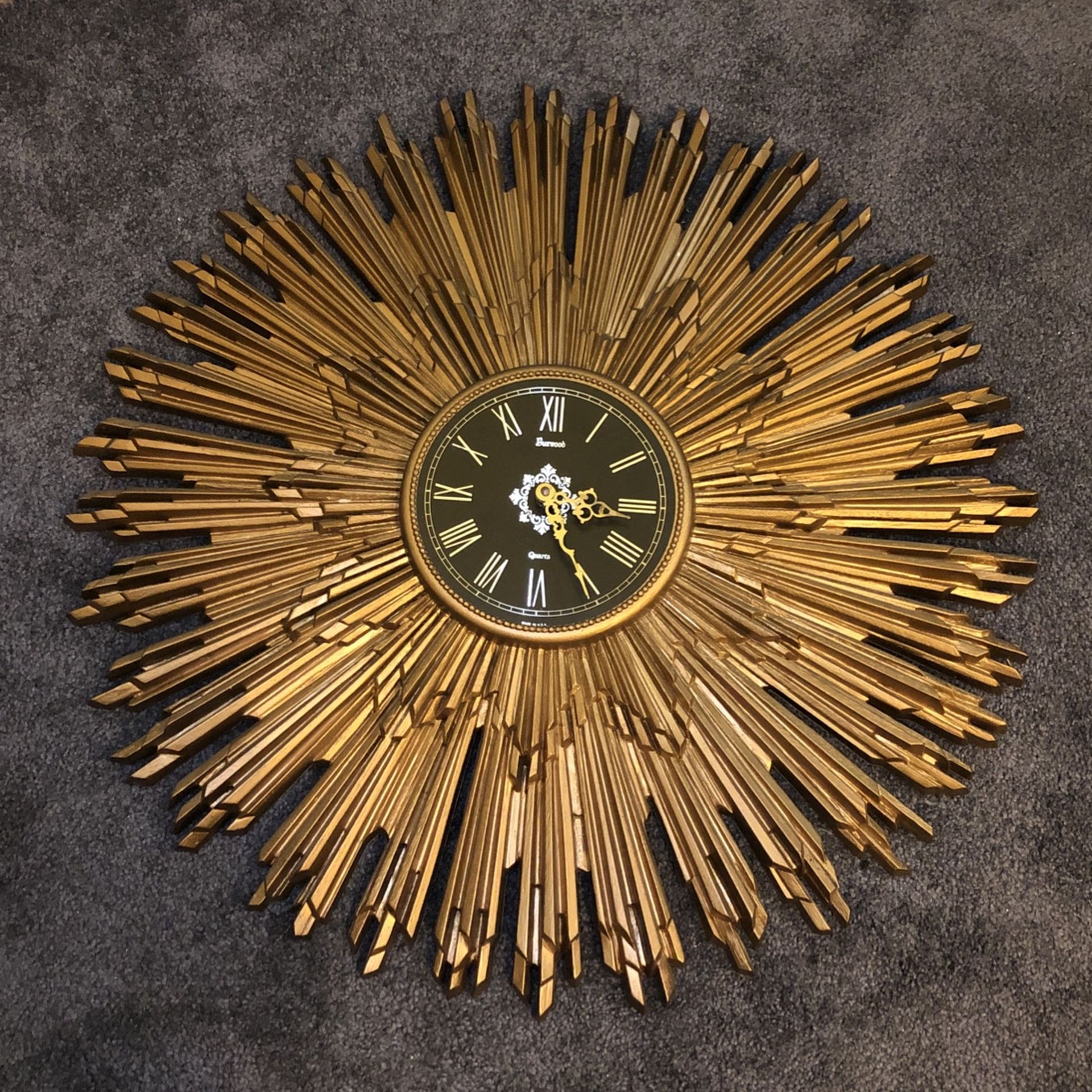 Vintage  Era Hollywood Regency Burwood USA Ornate Starburst Decorative Wall Clock