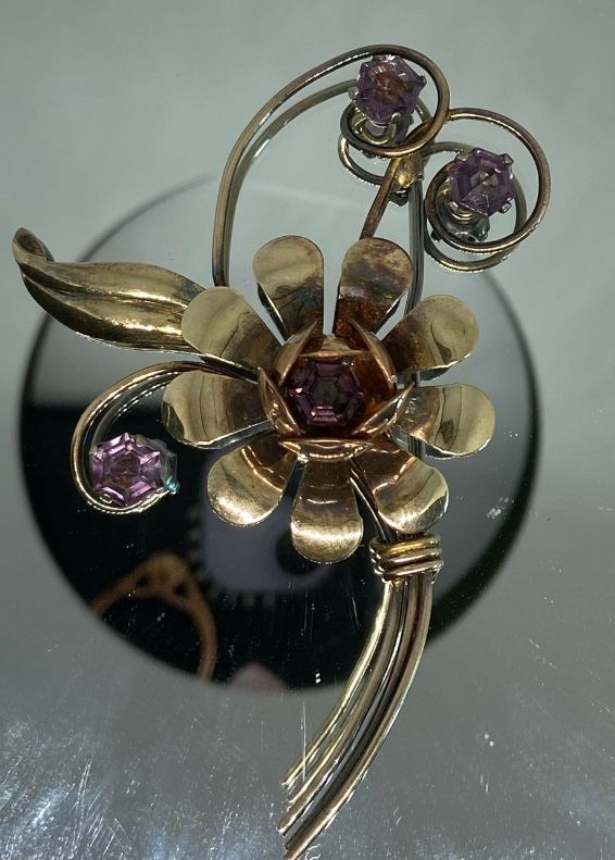 Vintage Estate Harry Iskin Signed Brooch 1/20 10K Gold-Filled Amethyst Flower Brooch