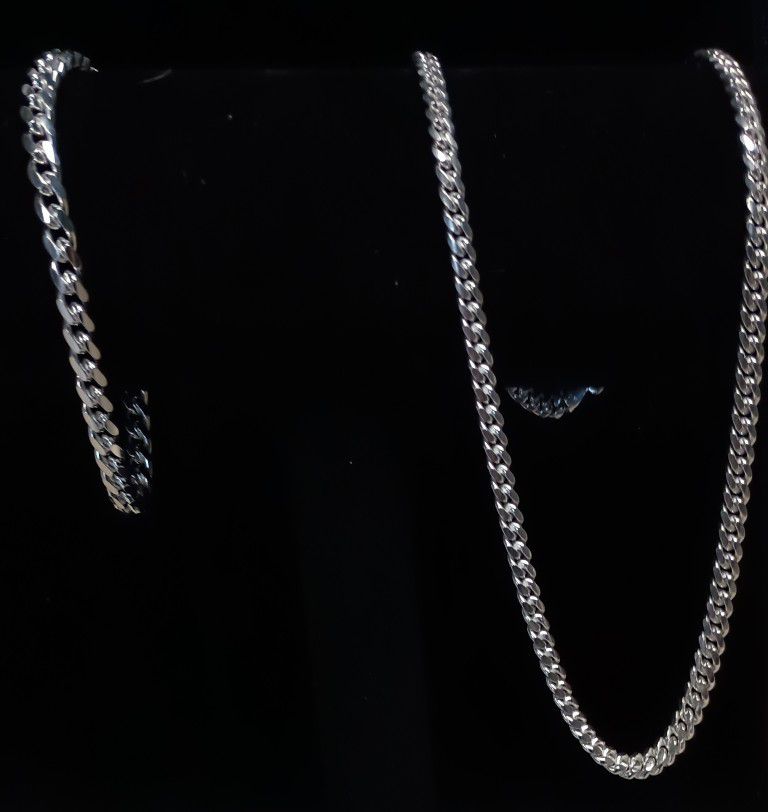 Solid sterling silver Miami Cuban link chain set 7mm bracelet and 5mm necklace 