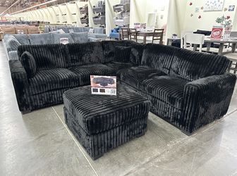 BLACK FUR LIKE CORDUROY SECTIONAL WITH OTTOMAN