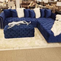 Royal Blue Velvet RAF Sectional /couch /Living room set