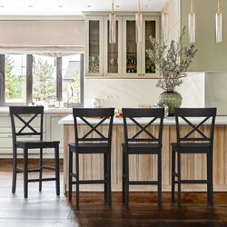 Stools Set of 4, 24" H Wooden Counter Stools with Back and Footrest, X-Back Farmhouse Barstools for Kitchen Island, Home Bar, Black
