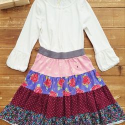 SIZE 12 GIRLS 2-PIECE MATILDA JANE OUTFIT WHITE THREE-QUARTER SLEEVES KNIT TUNIC W/MULTICOLOR PRINT SKIRT