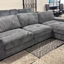 New 3 Piece Corduroy Sectional.  Grey Or Beige.  127” X 66”.  Free Delivery!