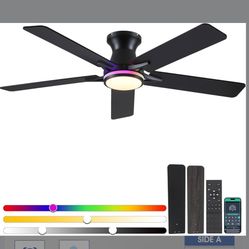 52" RGB Ceiling Fans with Lights and Remote/APP,Black Low Profile Ceiling Fans with Quiet Reversible DC Motor,Modern Flush Mount Ceiling Fan Light for