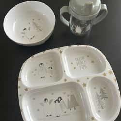 NEW Pottery Barn Kids Penguin Plate Bowl and Cup Feeding Set