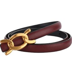 Womens Thin Belts Skinny Leather Dress Belt, Gold Double C Buckle for Jeans Pants

