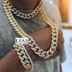 New 18k Yellow Gold Cuban Link Chain And Bracelet 
