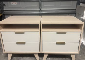 Brand New Mid-Century Light Wood Nightstand Pair – 2 Drawers + Open Shelf (Gold Handles)