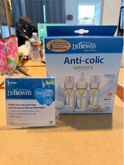 Dr Brown Bundle : Anti Colic Natural Flaw Bottles 4 oz pack of 3 plus 6 packs level 2 nipples plus one paci