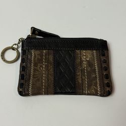 Fossil brown leather and suede patchwork coin card key case with id window Fossi