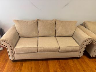 Beige Fabric 3-Seat Sofa with Nailhead Trim