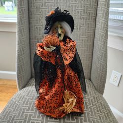 Vintage Style Halloween Witch Tree Topper Tabletop Figurine 18" Orange Black NWOT