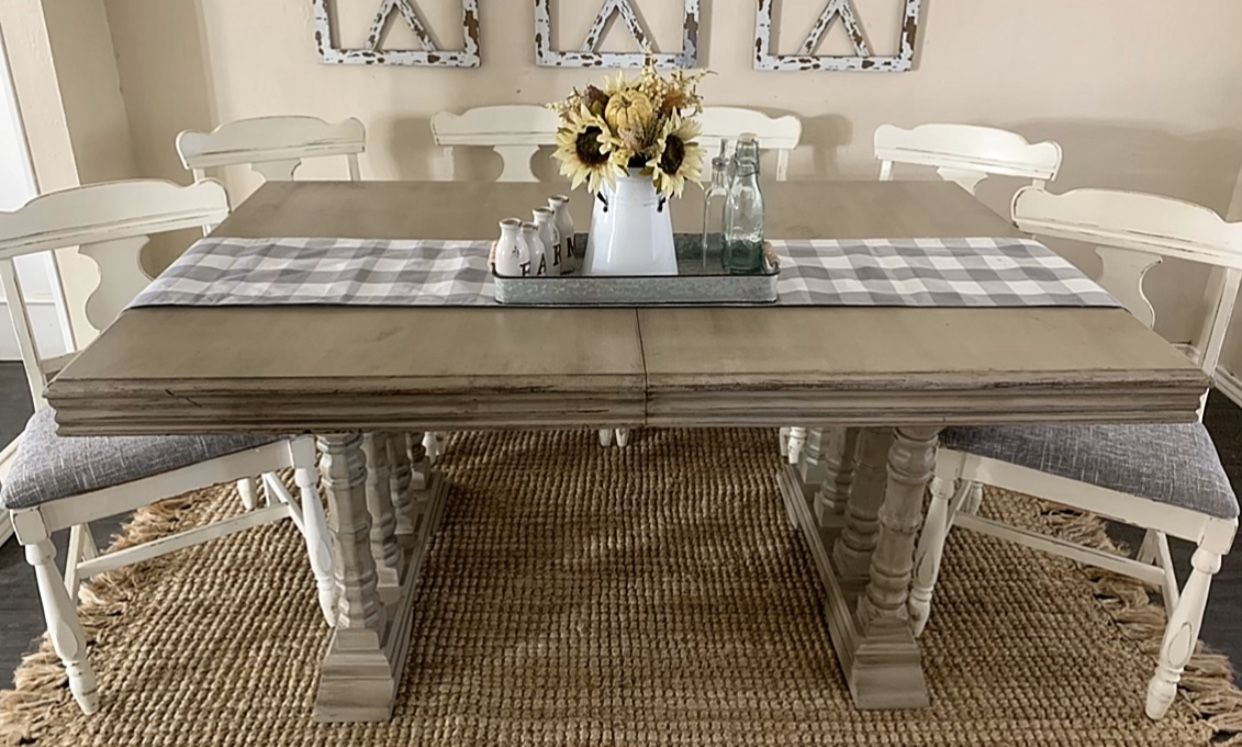 Farmhouse kitchen table and 6 reupholstered chairs