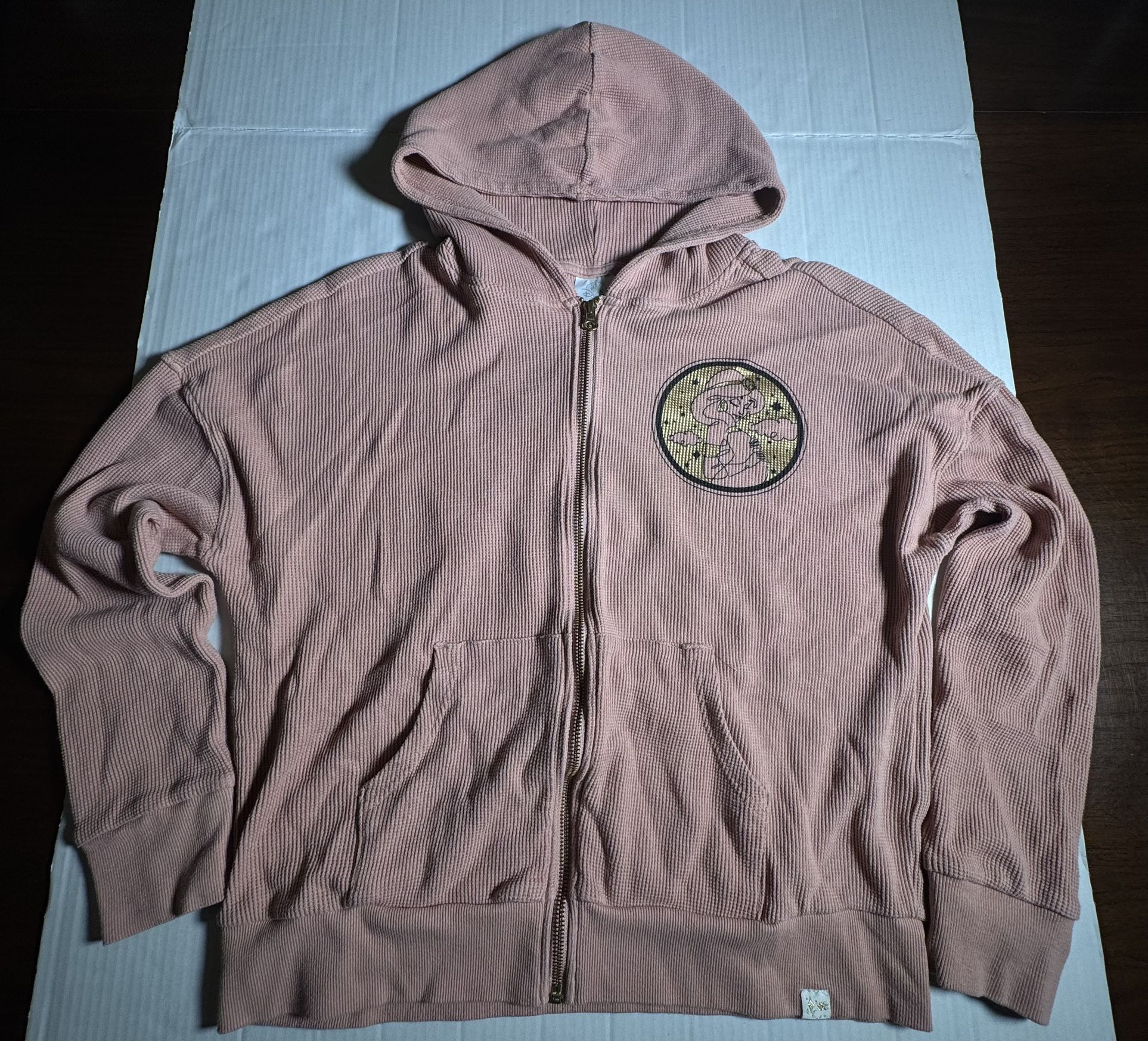 Pre Owned Disney Parks Jasmine Rajah from Aladdin Thermal Sweater Full Zip Hoodie Pink Gold Print Women Size Large