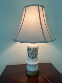 Vintage lamp, hand painted floral design with  beautiful damask shade