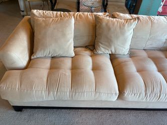 Beige Microsuede Tufted Sofa with Throw Pillows