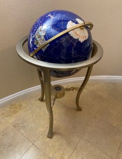 Large Authentic 430mm Blue Lapis Genuine Gemstone Globe On Floor Brass Stand With Compass 39” L X 23” W